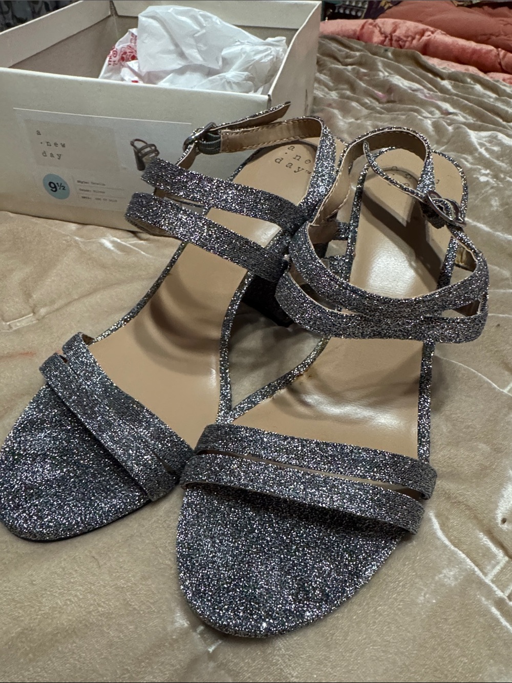 A NEW DAY Glitter Strappy Ankle‑Buckle Sandals — Silver
